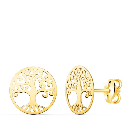 [P21320] 18K PENDIENTES ORO AMARILLO ARBOL DE LA VIDA EN BRILLO CALADOS 10 MM. CIERRE PRESION