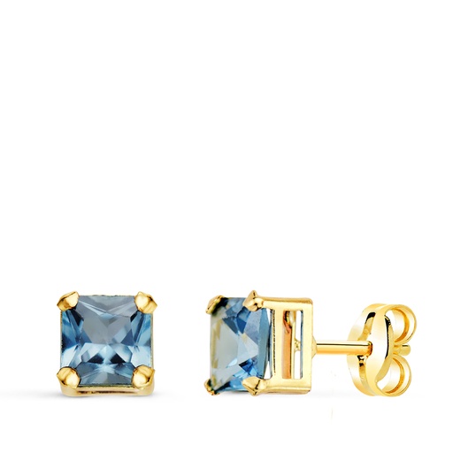 [P21322-AM] 18K PENDIENTES ORO AMARILLO CUADRADOS PIEDRA COLOR AGUAMARINA 5.5 X 5.5 MM. CIERRE PRESION