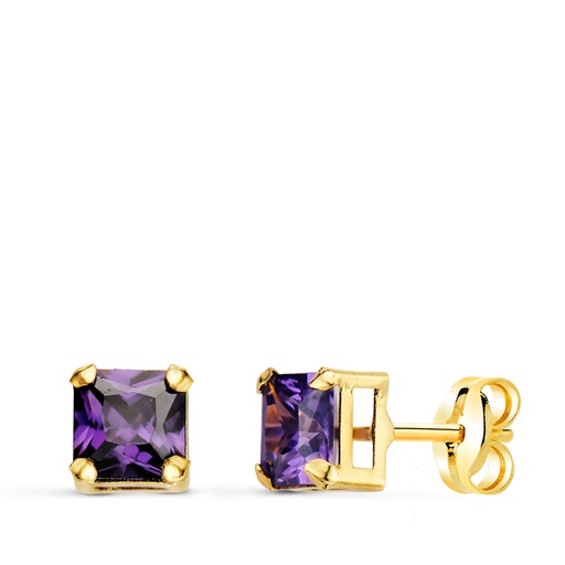 [P21322-AT] 18K PENDIENTES ORO AMARILLO CUADRADOS PIEDRA COLOR AMATISTA 5.5 X 5.5 MM. CIERRE PRESION