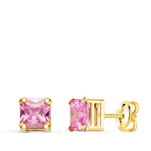 [P21322-RS] 18K PENDIENTES ORO AMARILLO CUADRADOS PIEDRA COLOR ROSA 5.5 X 5.5 MM. CIERRE PRESION