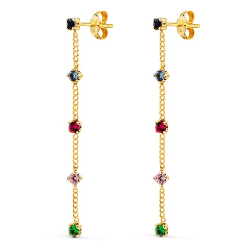 [P21332] 18K PENDIENTES ORO AMARILLO LARGOS CON CADENA Y CIRCONITAS COLORES 39 MM. CIERRE PRESION
