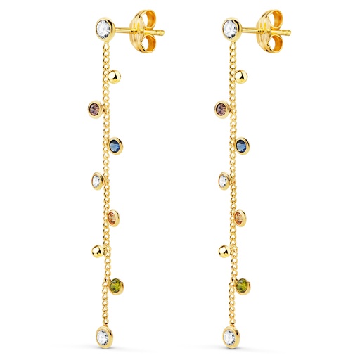 [P21333] 18K PENDIENTES ORO AMARILLO LARGOS CON CADENA Y CIRCONITAS COLORES 45 MM. CIERRE PRESION