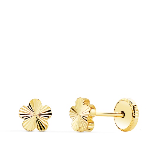[P21337] 18K PENDIENTES ORO AMARILLO FLOR  5 PETALOS TALLADOS. 5 X 5 MM CIERRE TUERCA
