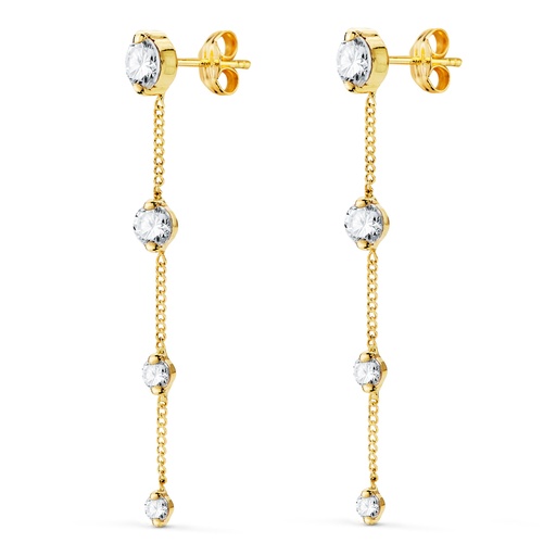 [P21338] 18K PENDIENTES ORO AMARILLO LARGOS CON CADENA Y CIRCONITAS 46 MM. CIERRE PRESION