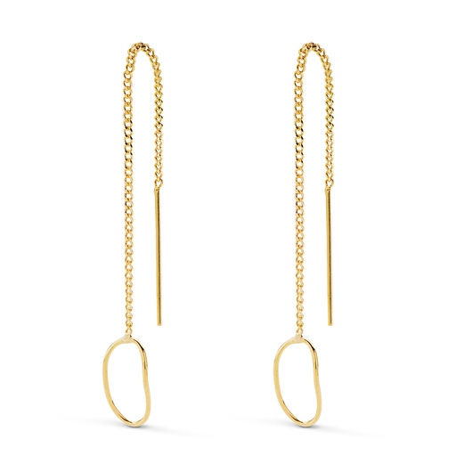 [P21341] 18K PENDIENTES ORO AMARILLO LARGOS CON CADENA Y MOTIVO OVAL. LARGO 76 MM