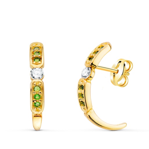 [P21342-VE] 18K PENDIENTES ORO AMARILLO MEDIO ARO ABIERTO CON CIRCONTIAS VERDES 16 X 3 MM. CIERRE PRESION