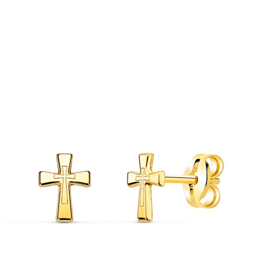 [P21344] 18K PENDIENTES ORO AMARILLO CRUZ EN BRILLO 6 X 4.5 MM. CIERRE PRESION
