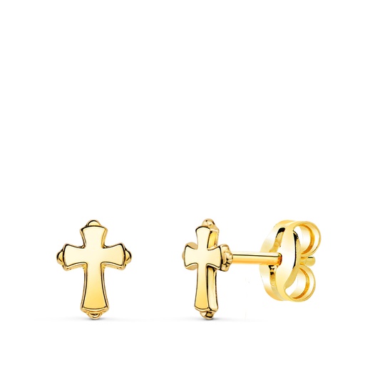 [P21345] 18K PENDIENTES ORO AMARILLO CRUZ EN BRILLO 6 X 4.5 MM. CIERRE PRESION