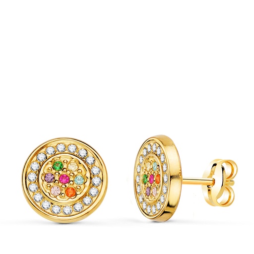 [P21346] 18K PENDIENTES ORO AMARILLO REDONDOS CON CIRCONITAS MULTICOLOR 9 MM. CIERRE PRESION