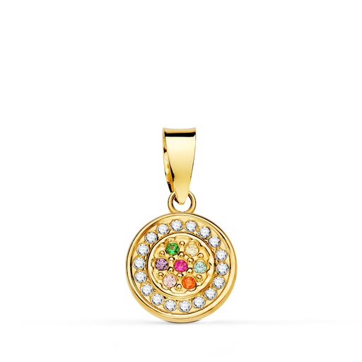 [P21346-5] 18K COLGANTE ORO AMARILLO CON CIRCONITAS BLANCAS Y MULTICOLOR. DIAMETRO: 9MM