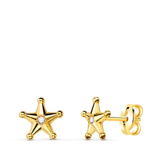 [P21348] 18K PENDIENTES ORO AMARILLO ESTRELLA SHERIFF CON BOLITAS Y CIRCONITAS. 7X7 MM CIERRE PRESION