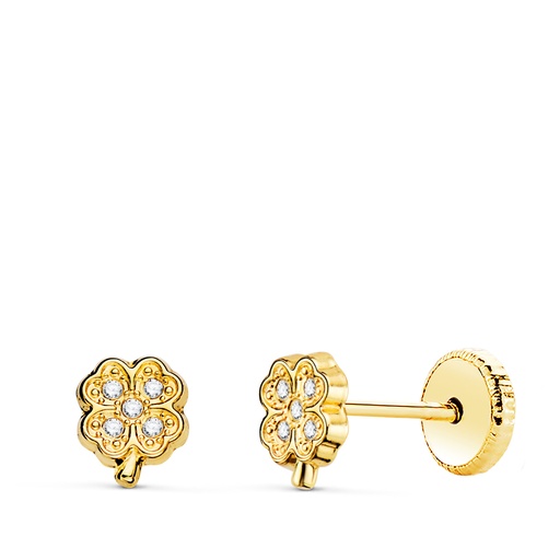[P21349] 18K PENDIENTES ORO AMARILLO CUATREBOL CON CIRCONITAS. 5.5 X 4.5 MM CIERRE TUERCA