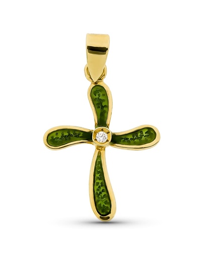 [P2159] 18K CRUZ ORO AMARILLO ESMALTADA CIRCONITA 21X15 MM