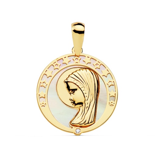 [P22001] 18K MEDALLA VIRGEN NIÑA NACAR CIRCONITA 17 MM