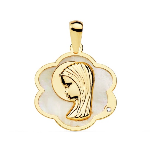 [P22003] 18K MEDALLA ORO AMARILLO FLOR CON VIRGEN NIÑA NACAR 18X17 MM