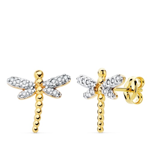 [P22013] 18K PENDIENTES ORO BICOLOR LIBELULA 12X12 MM
