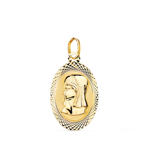 [P22022] 18K MEDALLA VIRGEN NIÑA OVAL TALLADA BRILLO Y MATE 18X12 MM