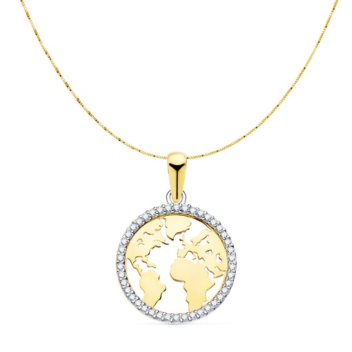 [P22023] 18K COLGANTE ORO BICOLOR BOLA MUNDO CON CIRCONITAS 16 MM CAD. VENECIANA 42+3 CM