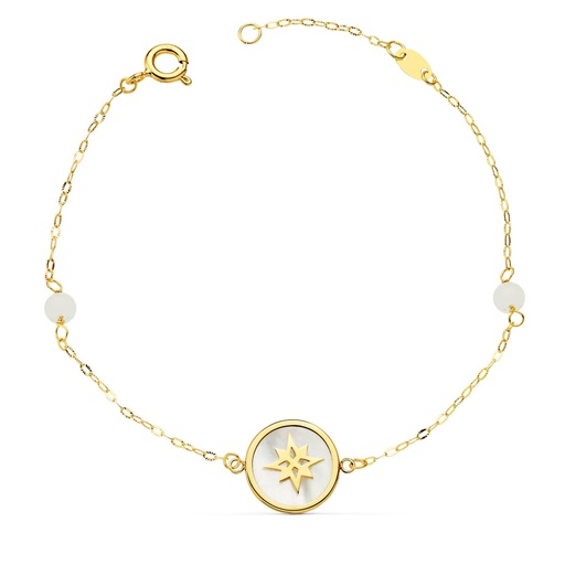 [P22067] PULSERA NACAR Y ROSA DE LOS VIENTOS 12 MM Y BOLAS JADE 4 MM CADENA 18 + 2.5 CM