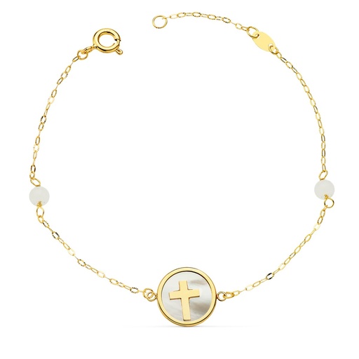 [P22068] PULSERA ORO AMARILLO NACAR CON CRUZ 12 MM Y BOLAS JADE 4 MM CADENA 18 + 2.5 CM