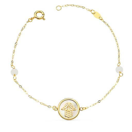 [P22069] PULSERA NACAR CON MANO DE FATIMA 12 MM Y BOLAS JADE 4 MM CADENA 18 + 2.5 CM