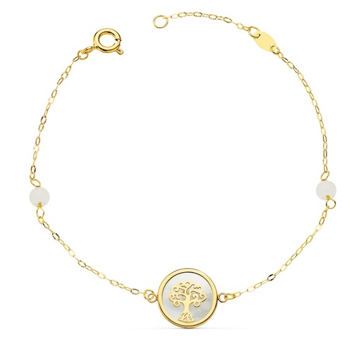 [P22070] PULSERA NACAR CON ARBOL DE LA VIDA 12 MM Y BOLAS JADE 4 MM CADENA 18 + 2.5 CM
