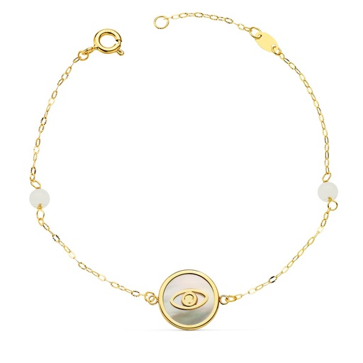 [P22071] 18K PULSERA NACAR CON OJO TURCO 12 MM Y BOLAS JADE 4 MM CADENA 18 + 2.5 CM