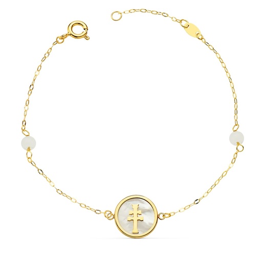 [P22072] PULSERA NACAR CON CRUZ CARAVACA 12 MM Y BOLAS JADE 4 MM CADENA 18 + 2.5 CM