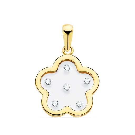 [P22082] 18K COLGANTE ORO AMARILLO FLOR AIRSHINE TRANSPARENTE CON CIRCONITAS 14X14 MM