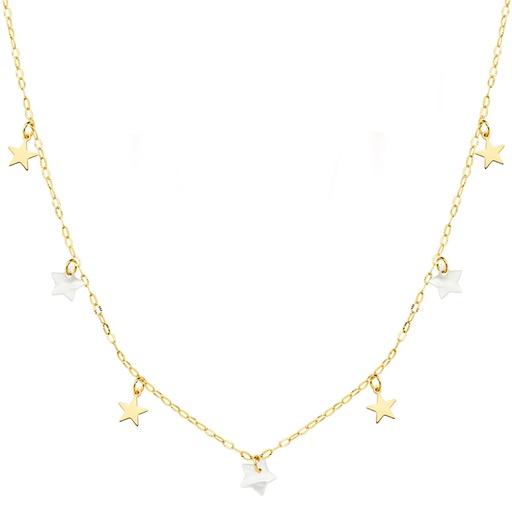 [P22087] 18K GARGANTILLA ORO AMARILLO ESTRELLAS LISAS Y NACAR 5.5 MM CADENA FORZADA 45 CM