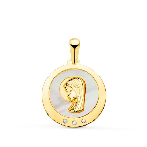 [P22088] 18K MEDALLA VIRGEN NIÑA CON NACAR Y CIRCONITAS 14 MM