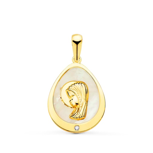 [P22090] 18K MEDALLA VIRGEN NIÑA LAGRIMA CON NACAR Y CIRCONITA 15X12 MM
