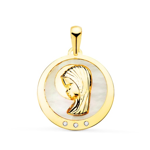 [P22092] 18K MEDALLA VIRGEN NIÑA CON NACAR Y CIRCONITAS 19 MM