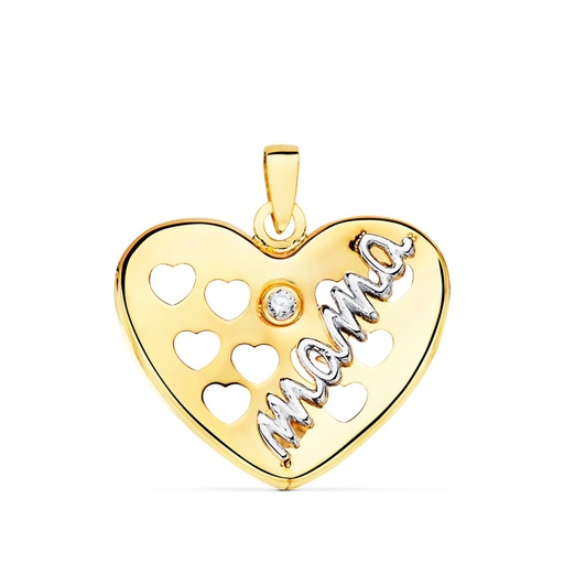 [P22095] 18K COLGANTE ORO BICOLOR CORAZON CON CORAZONES CALADOS Y CIRCONITA 20X16 MM