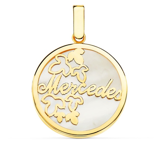 [P22096] 18K COLGANTE ORO AMARILLO CON NACAR PERSONALIZADO FLORES Y NOMBRE. 20 MM
