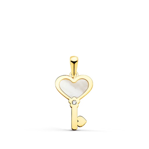 [P22099] 18K COLGANTE ORO AMARILLO LLAVE DE NACAR CON CORAZON Y CIRCONITA 18X11 MM