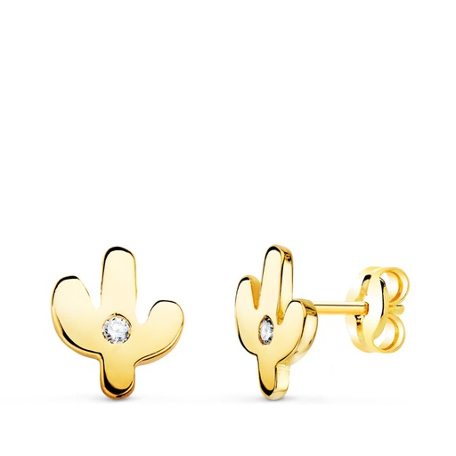 [P22125] 18K PENDIENTES ORO AMARILLO CACTUS MINI CON CIRCONITA 6X5 MM CIERRE PRESION