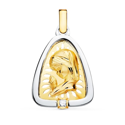 [P22127] 18K MEDALLA VIRGEN NIÑA ORO Y PLATA CIRCONITA 21X17 MM
