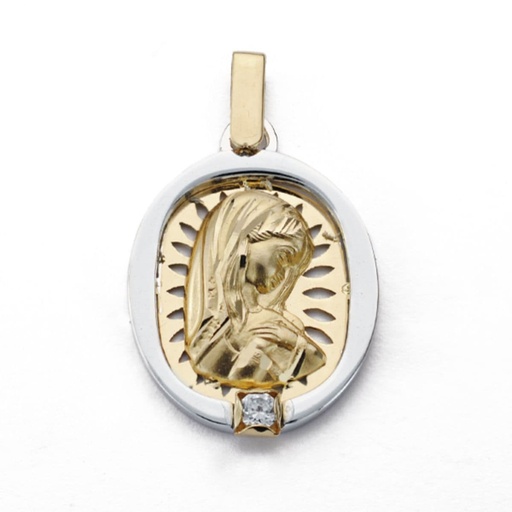 [P22129] 18K MEDALLA VIRGEN NIÑA ORO BICOLOR CALADA CON CIRCONITA 24X17 MM