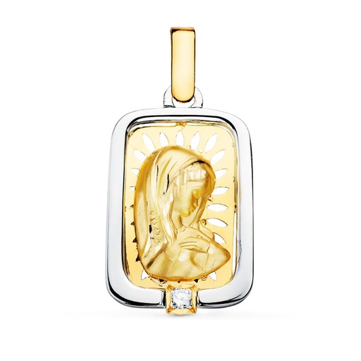 [P22130] 18K MEDALLA VIRGEN NIÑA ORO Y PLATA CIRCONITA 21X15 MM