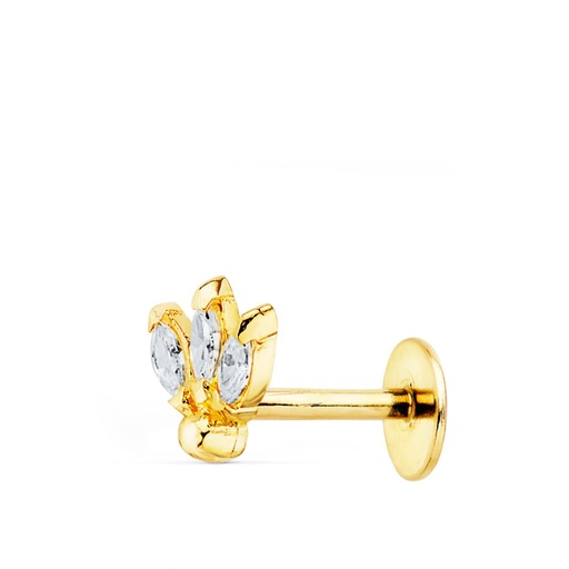 [P22153] 18K PIERCING OREJA ORO AMARILLO TRES HOJITAS CIRCONITAS 6.5X6 MM