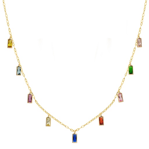 [P22156] 18K GARGANTILLA ORO AMARILLO Y COLGANTES DE CIRCONITAS DE COLORES CADENA FORZADA 42 + 3 CM