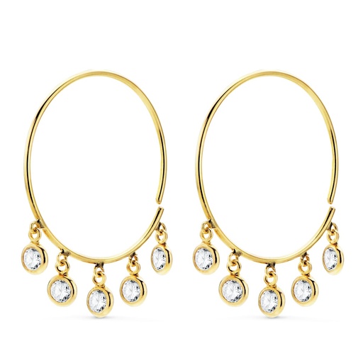 [P22159] 18K AROS ORO AMARILLO HILO DE 20 MM CON 5 COLGANTES CIRCONITAS BLANCAS