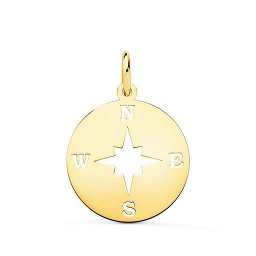 [P22167] 18K COLGANTE ORO AMARILLO ROSA DE LOS VIENTOS BRILLO Y CALADA 16 MM
