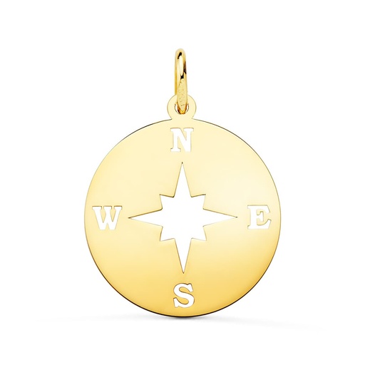 [P22168] 18K COLGANTE ORO AMARILLO ROSA DE LOS VIENTOS BRILLO Y CALADA 18 MM