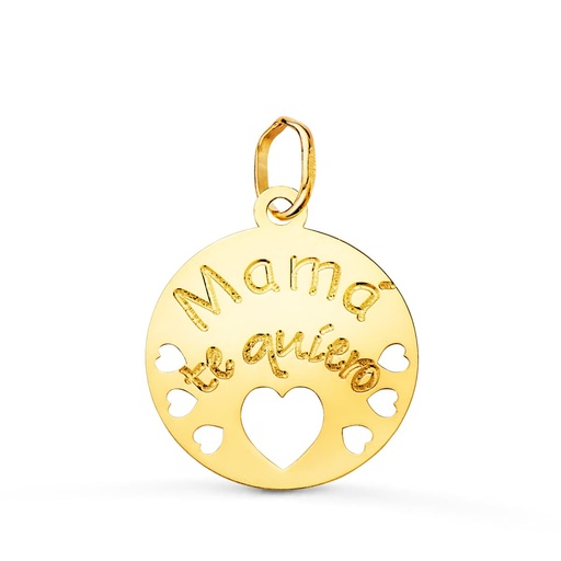 [P22179] 18K COLGANTE ORO AMARILLO REDONDO MAMA TE QUIERO CON CORAZONE CALADOS 15 MM