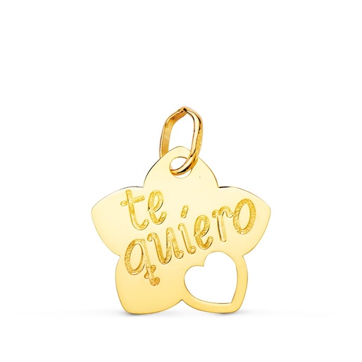 [P22180] 18K COLGANTE ORO AMARILLO TE QUIERO FLOR CON CORAZON CALADO 15X14 MM