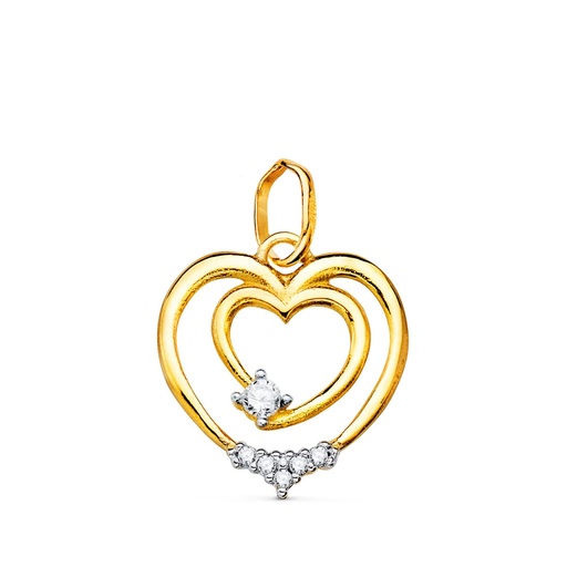 [P22186] 18K COLGANTE ORO BICOLOR DOBLE CORAZON CON CIRCONITAS 15X14 MM