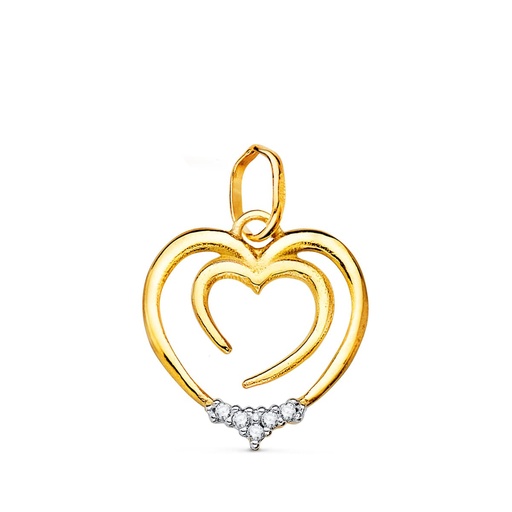 [P22187] 18K COLGANTE ORO BICOLOR DOBLE CORAZON CON CIRCONITAS 15X14 MM