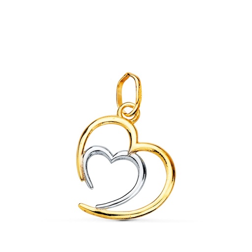 [P22189] 18K COLGANTE ORO BICOLOR DOBLE CORAZON EN BRILLO 14X13 MM